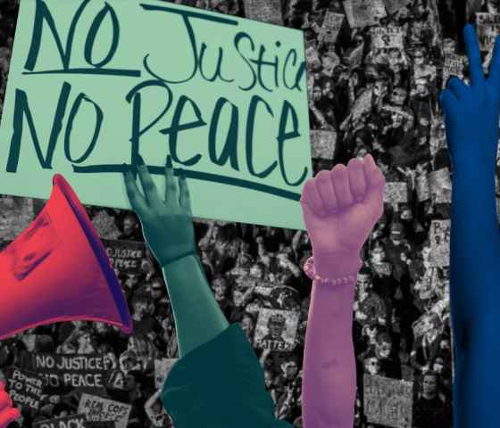 Megaphone, 'No Justice No Peace' sign, raised fist, raised peace sign over a black and white aerial photo of a protest