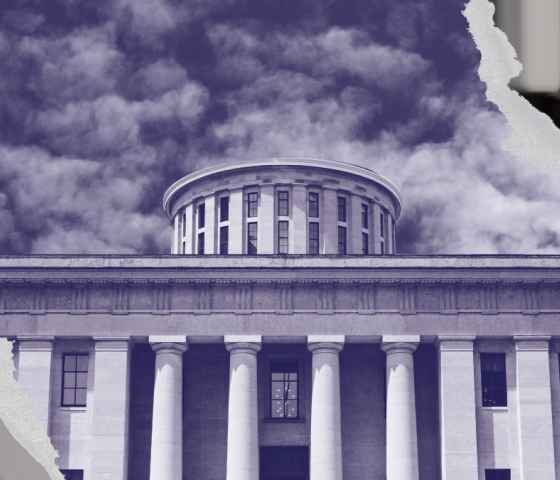 Ohio Statehouse with a navy and white color overlay, with rips on the corners exposing a prison cell and a pipeline