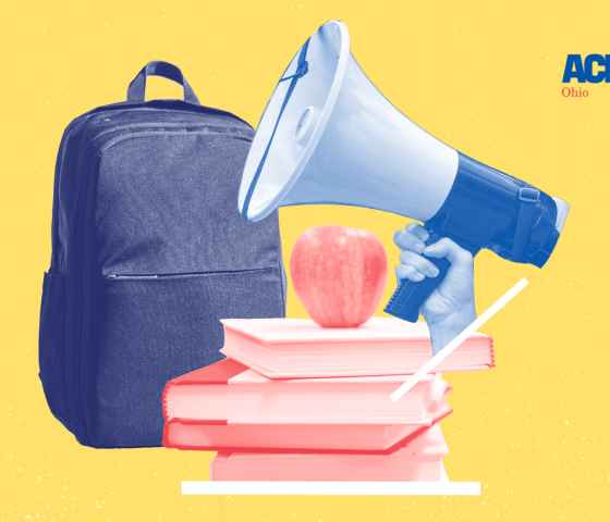 Image of a bullhorn, backpack, schoolbooks, and an apple