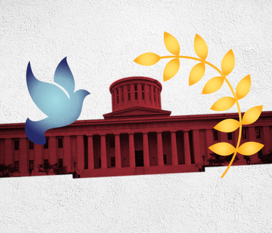 Image of the Ohio Statehouse and a blue dove